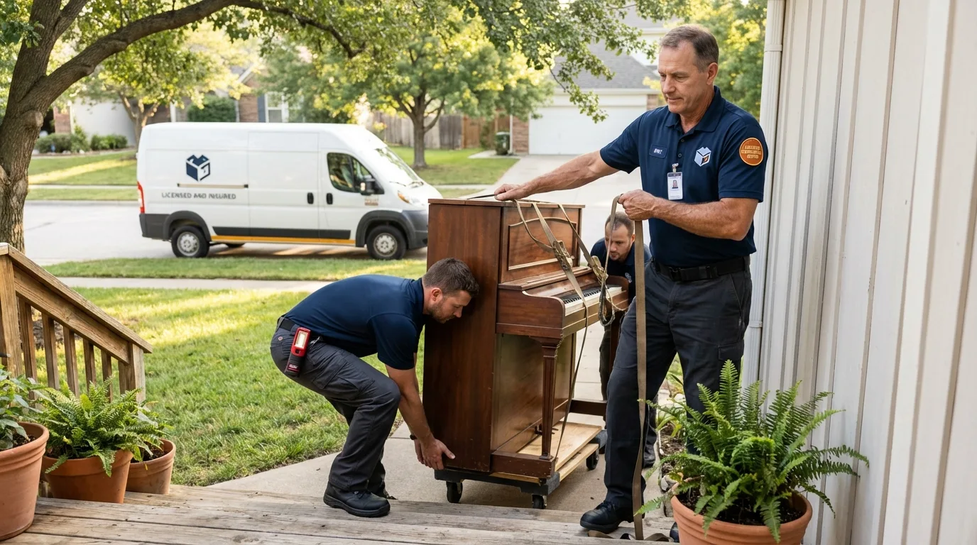 Licensed piano movers securing grand piano in Palo, IA