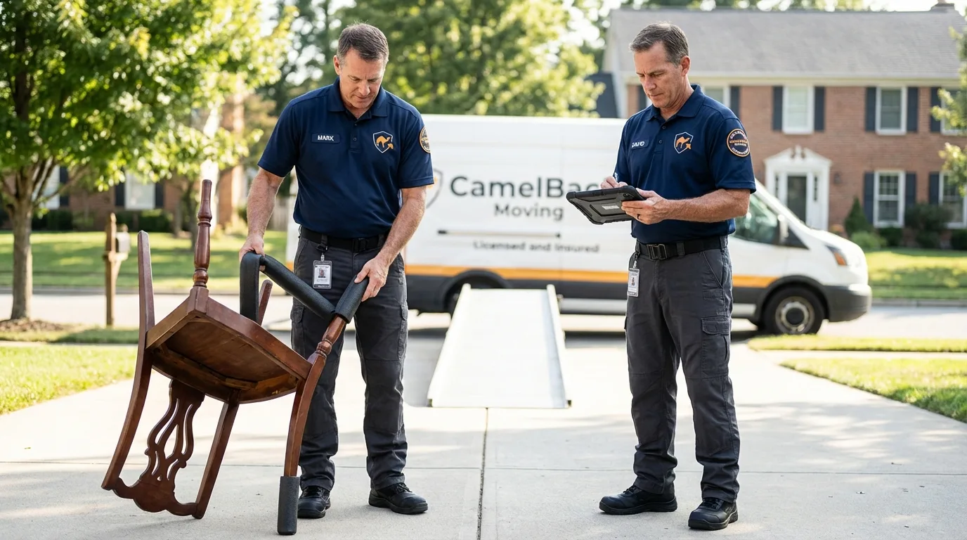Movers inspecting furniture for damage prevention before loading in Palo, IA