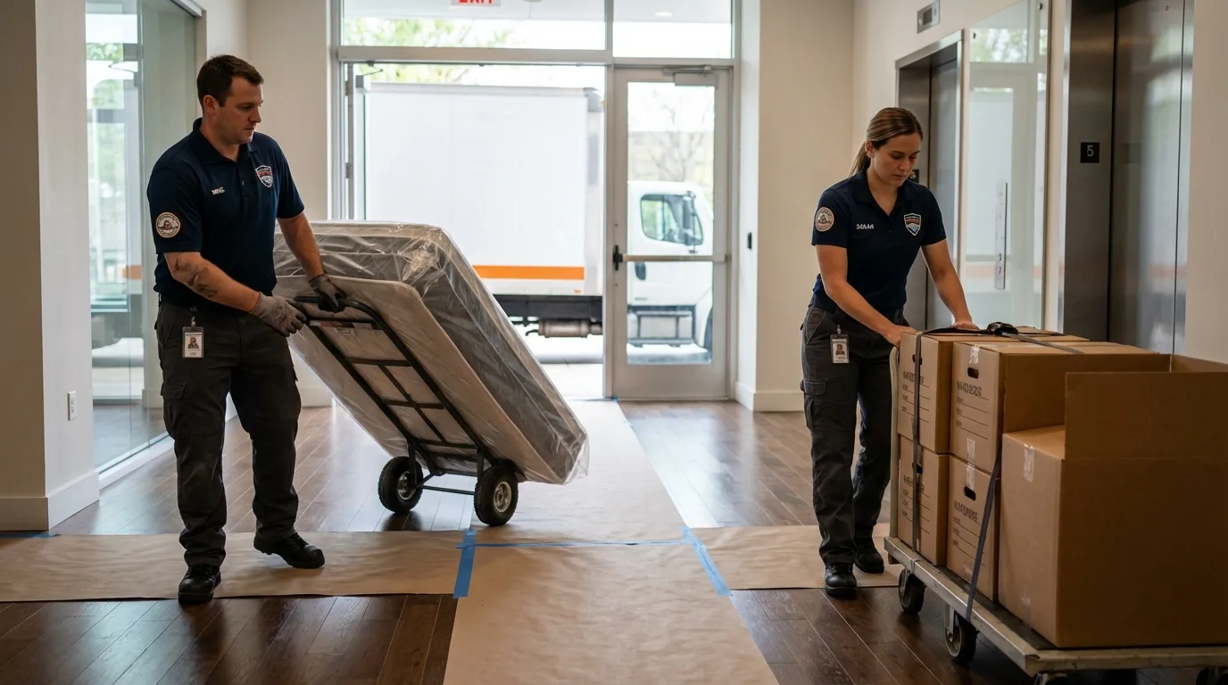 Professional apartment movers loading elevator in Palo, IA