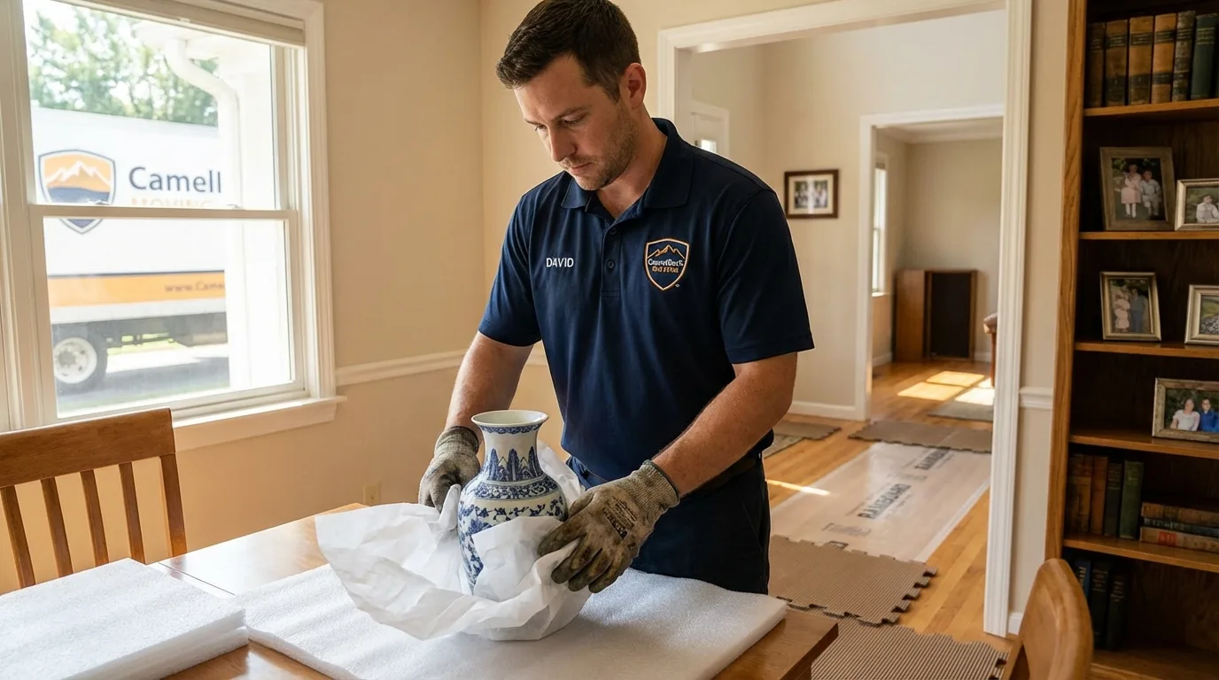 Professional crew carefully wrapping antique vase for senior downsizing move in Palo, IA